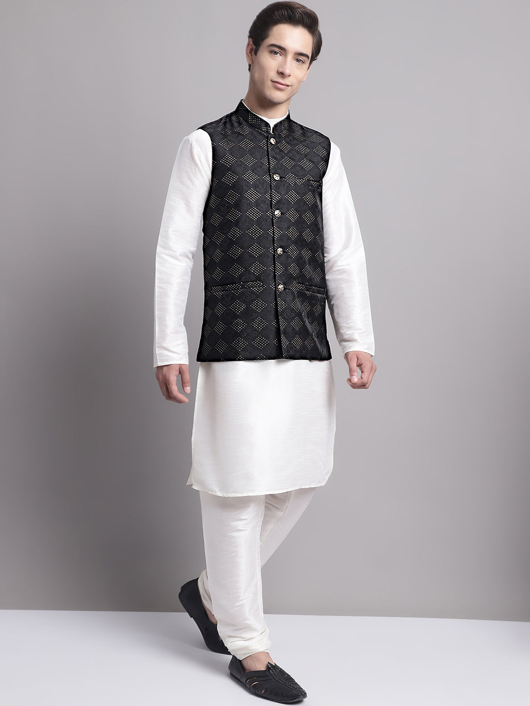 Jompers Men's Black Woven Design Nehru Jacket With Solid Kurta Pyjama | Grocsy