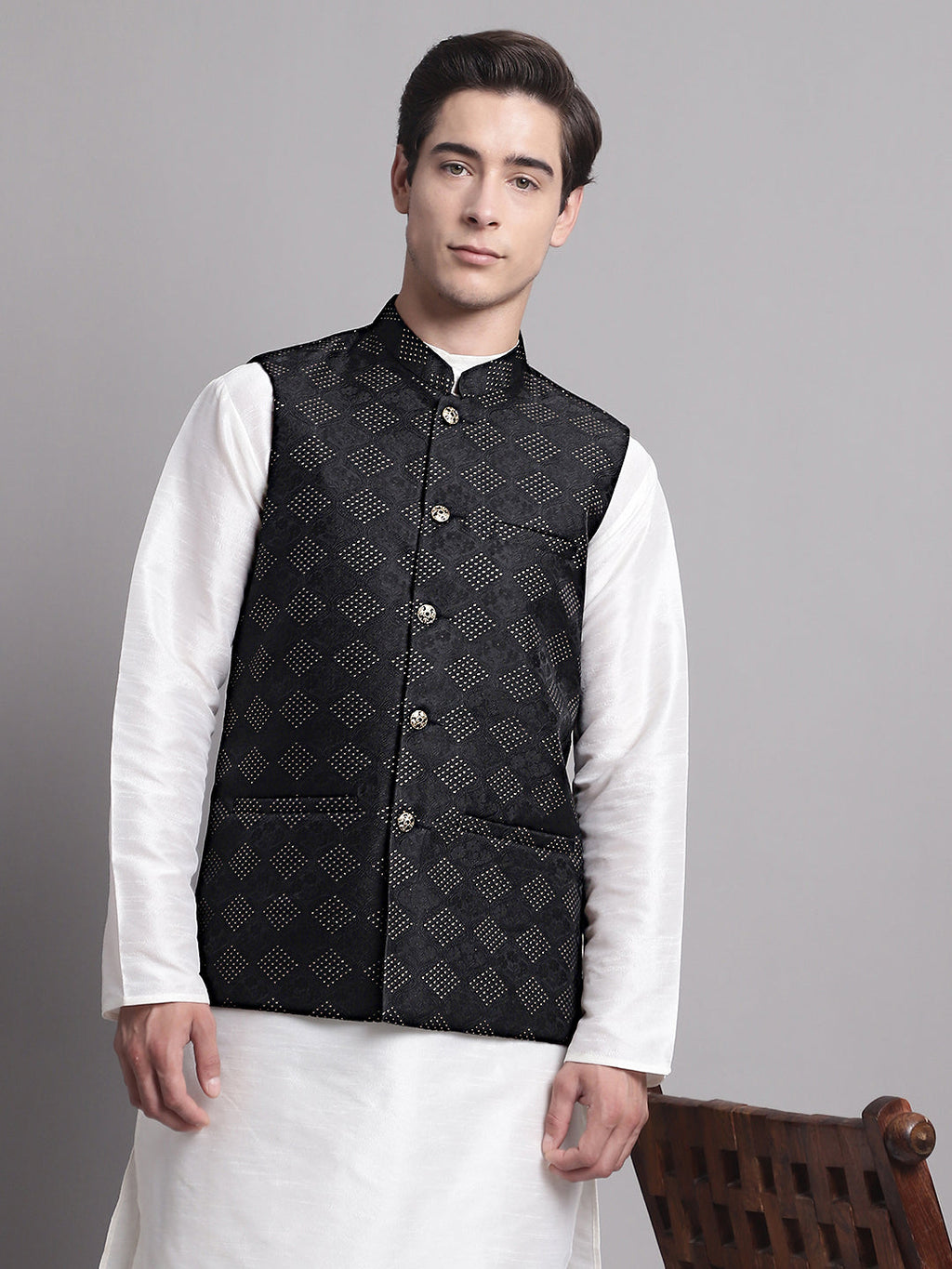 Jompers Men's Black Woven Design Nehru Jacket With Solid Kurta Pyjama | Grocsy