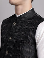 Jompers Men's Black Woven Design Nehru Jacket With Solid Kurta Pyjama | Grocsy