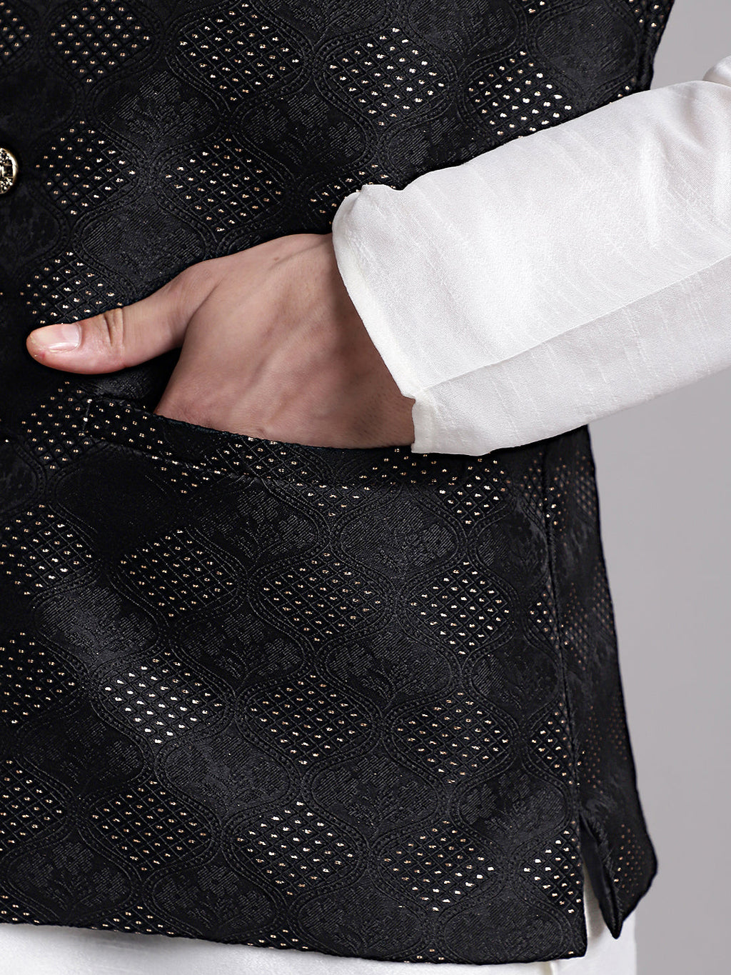 Jompers Men's Black Woven Design Nehru Jacket With Solid Kurta Pyjama | Grocsy