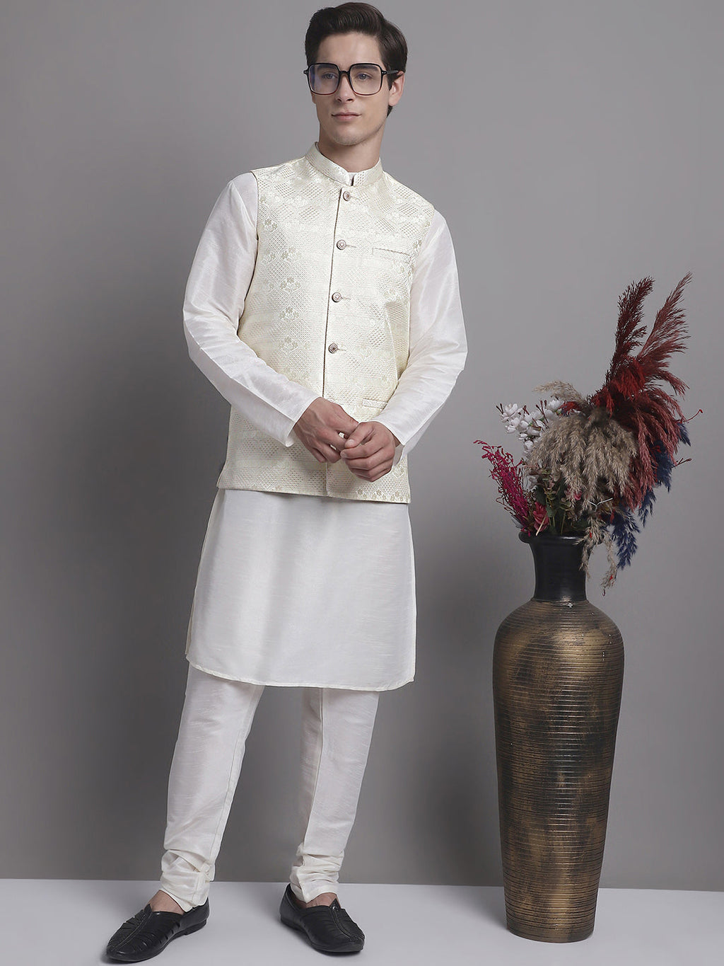 Jompers Men's Cream Woven Design Nehru Jacket With Solid Kurta Pyjama | Grocsy
