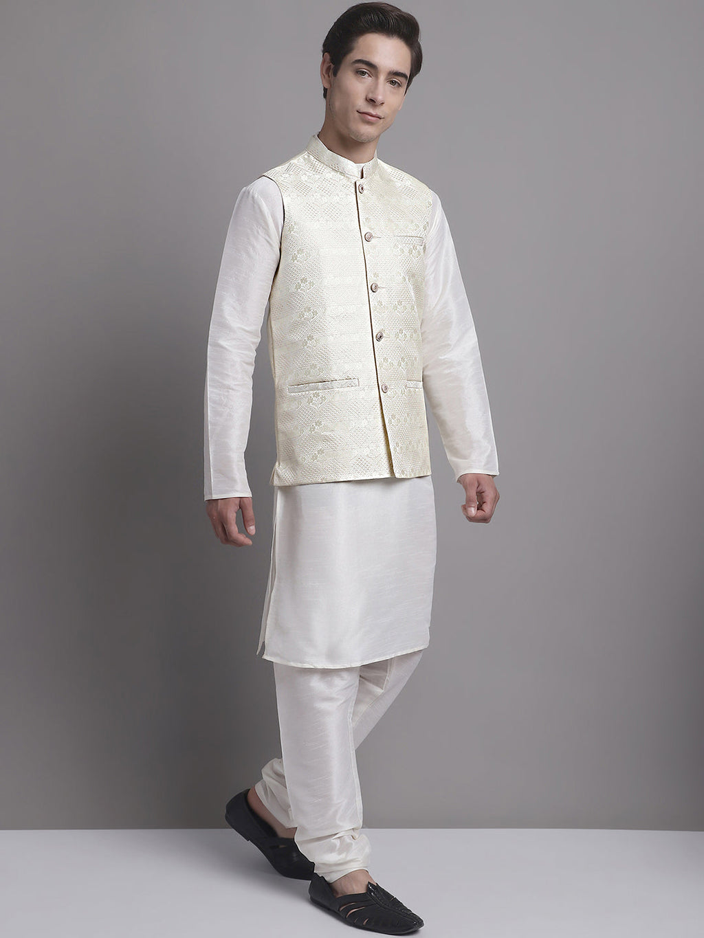 Jompers Men's Cream Woven Design Nehru Jacket With Solid Kurta Pyjama | Grocsy
