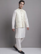 Jompers Men's Cream Woven Design Nehru Jacket With Solid Kurta Pyjama | Grocsy