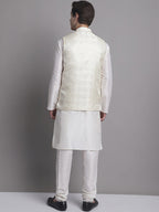 Jompers Men's Cream Woven Design Nehru Jacket With Solid Kurta Pyjama | Grocsy