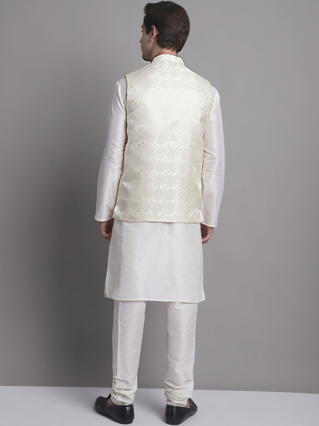 Jompers Men's Cream Woven Design Nehru Jacket With Solid Kurta Pyjama | Grocsy