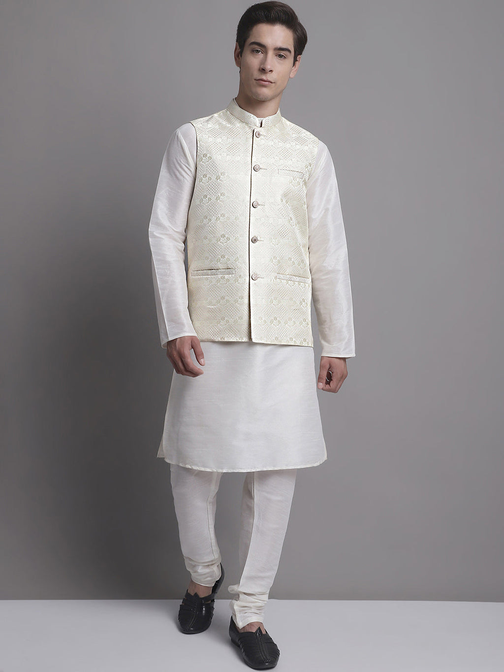 Jompers Men's Cream Woven Design Nehru Jacket With Solid Kurta Pyjama | Grocsy