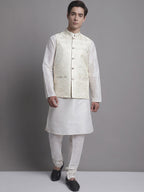 Jompers Men's Cream Woven Design Nehru Jacket With Solid Kurta Pyjama | Grocsy