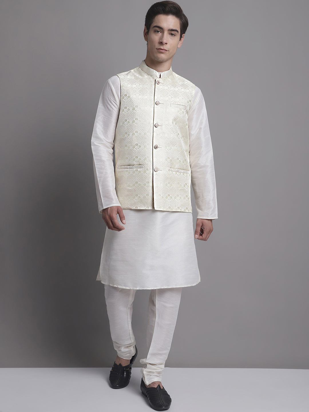 Jompers Men's Cream Woven Design Nehru Jacket With Solid Kurta Pyjama | Grocsy