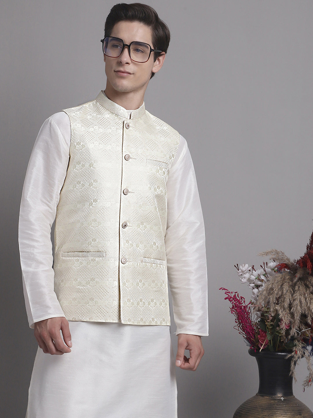 Jompers Men's Cream Woven Design Nehru Jacket With Solid Kurta Pyjama | Grocsy
