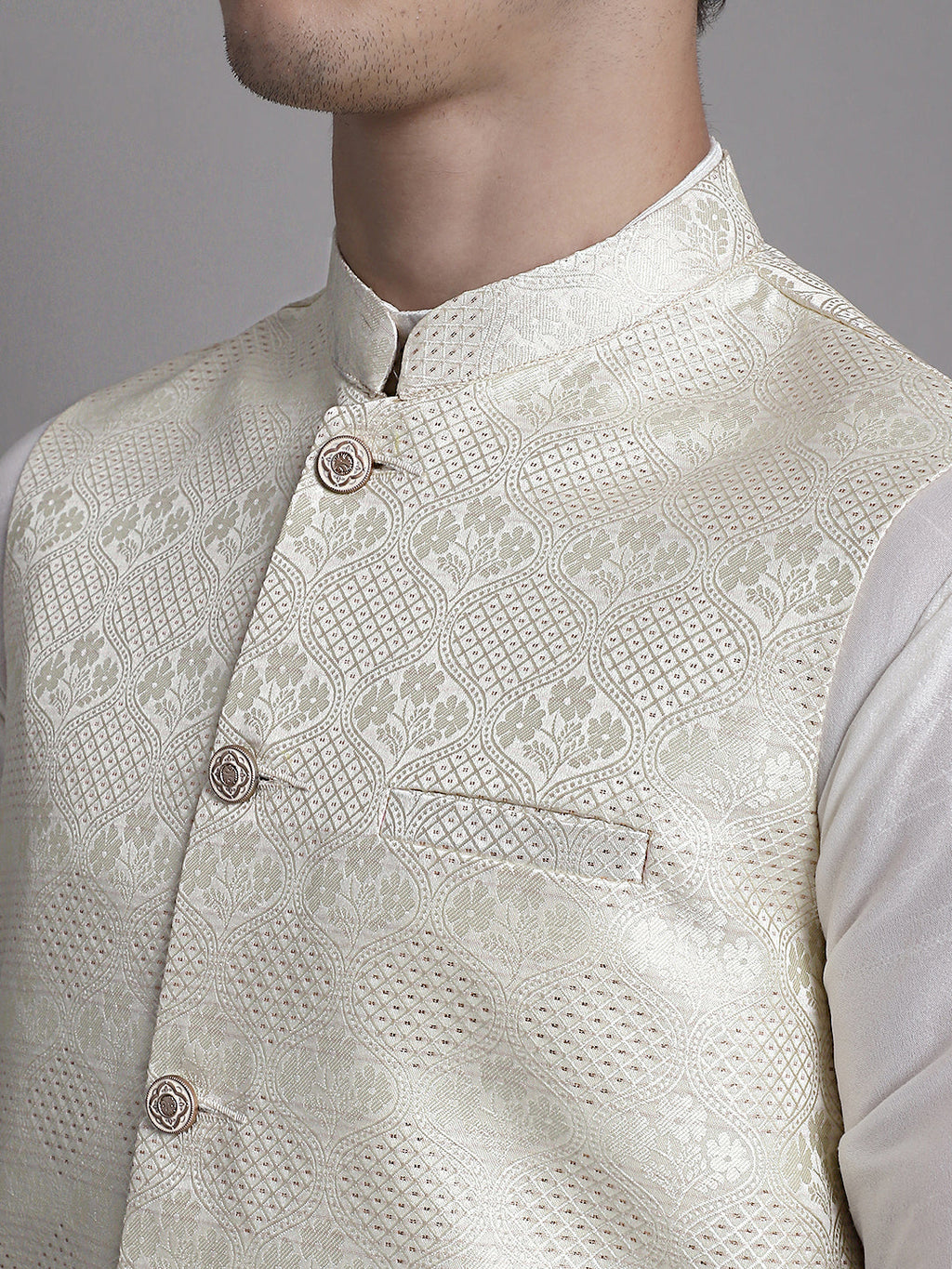 Jompers Men's Cream Woven Design Nehru Jacket With Solid Kurta Pyjama | Grocsy