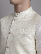 Jompers Men's Cream Woven Design Nehru Jacket With Solid Kurta Pyjama | Grocsy