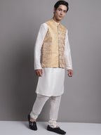 Jompers Men's Golden Woven Design Nehru Jacket With Solid Kurta Pyjama | Grocsy