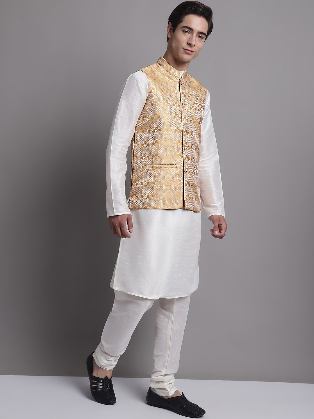 Jompers Men's Golden Woven Design Nehru Jacket With Solid Kurta Pyjama | Grocsy