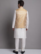 Jompers Men's Golden Woven Design Nehru Jacket With Solid Kurta Pyjama | Grocsy
