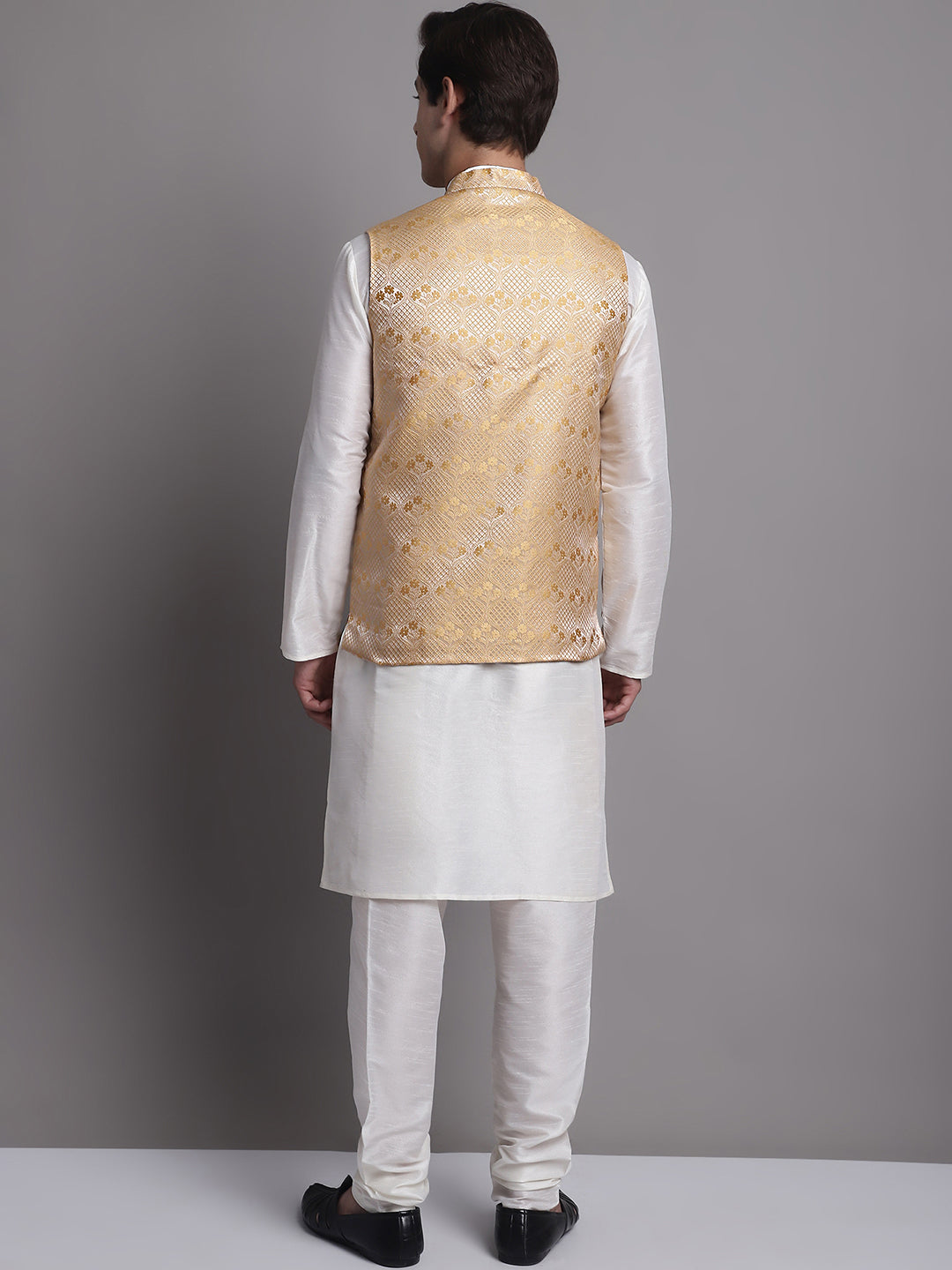Jompers Men's Golden Woven Design Nehru Jacket With Solid Kurta Pyjama | Grocsy