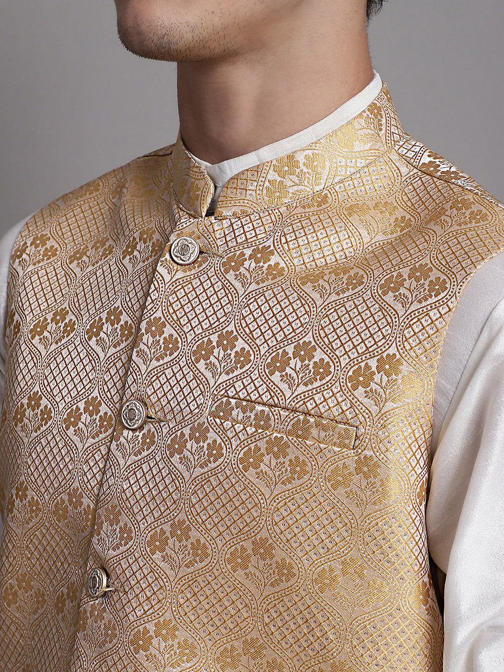 Jompers Men's Golden Woven Design Nehru Jacket With Solid Kurta Pyjama | Grocsy