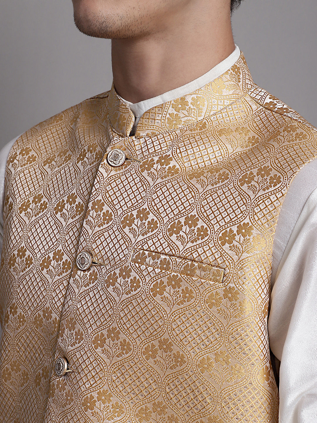 Jompers Men's Golden Woven Design Nehru Jacket With Solid Kurta Pyjama | Grocsy