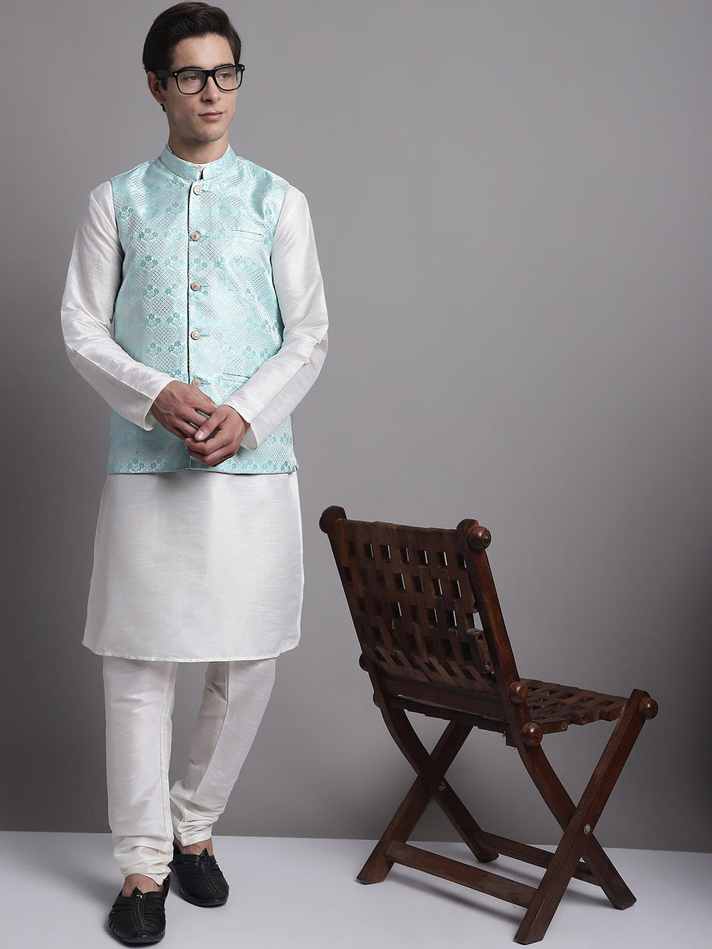 Jompers Men's Turquoise Blue Woven Design Nehru Jacket With Solid Kurta Pyjama | Grocsy