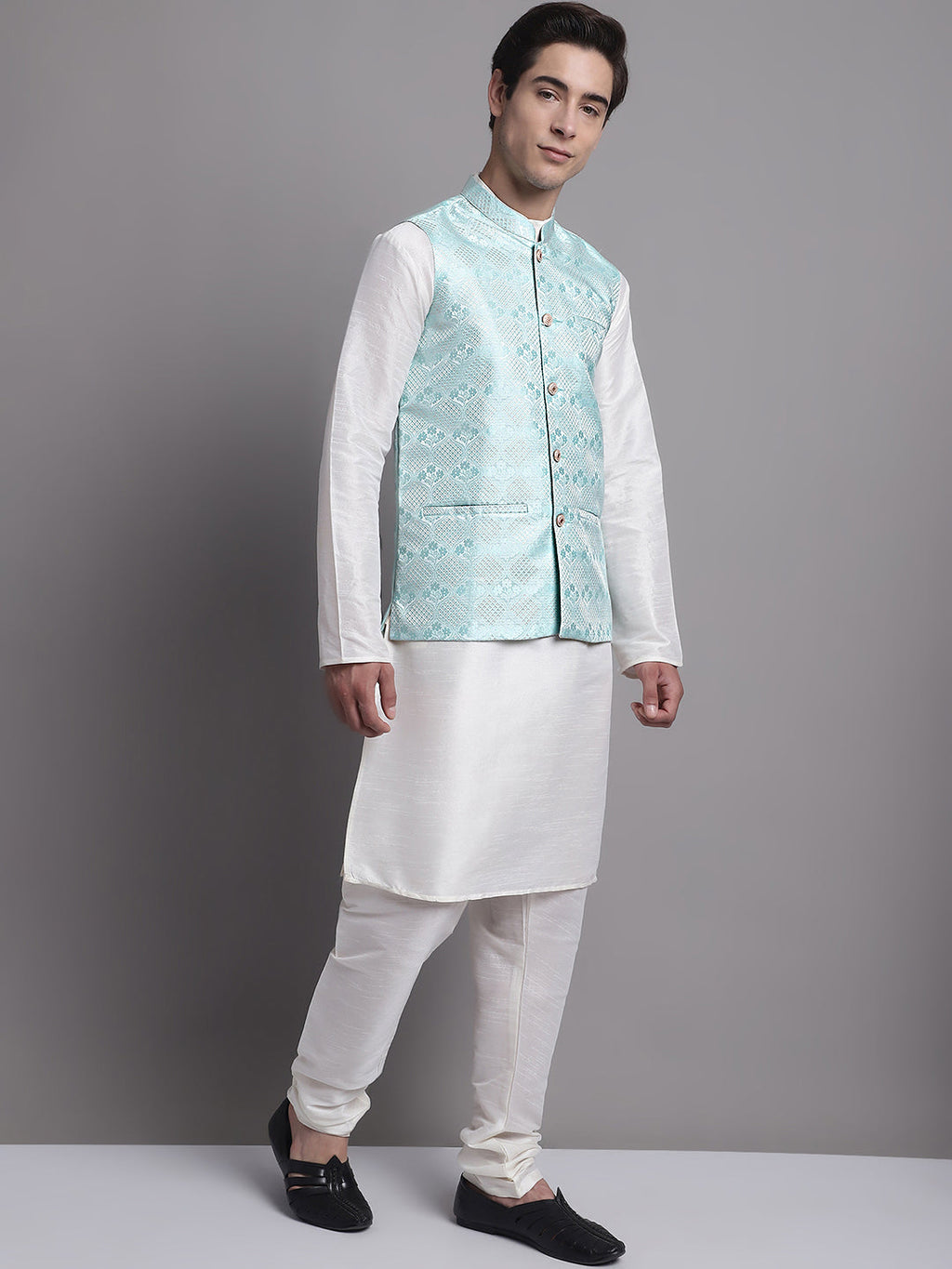 Jompers Men's Turquoise Blue Woven Design Nehru Jacket With Solid Kurta Pyjama | Grocsy