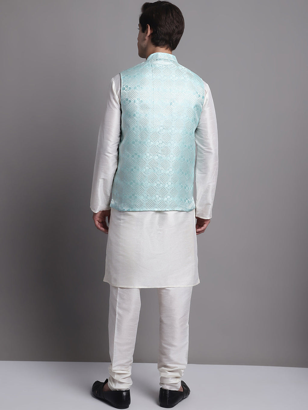 Jompers Men's Turquoise Blue Woven Design Nehru Jacket With Solid Kurta Pyjama | Grocsy