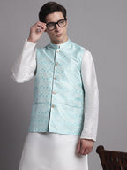 Jompers Men's Turquoise Blue Woven Design Nehru Jacket With Solid Kurta Pyjama | Grocsy