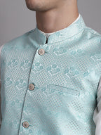Jompers Men's Turquoise Blue Woven Design Nehru Jacket With Solid Kurta Pyjama | Grocsy