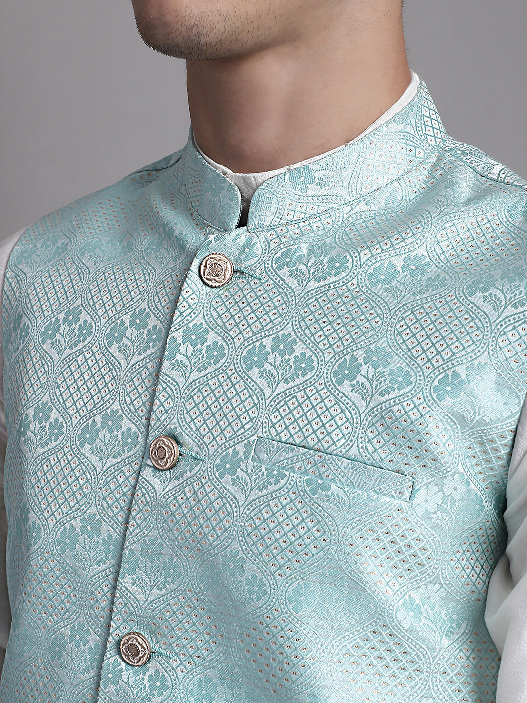 Jompers Men's Turquoise Blue Woven Design Nehru Jacket With Solid Kurta Pyjama | Grocsy