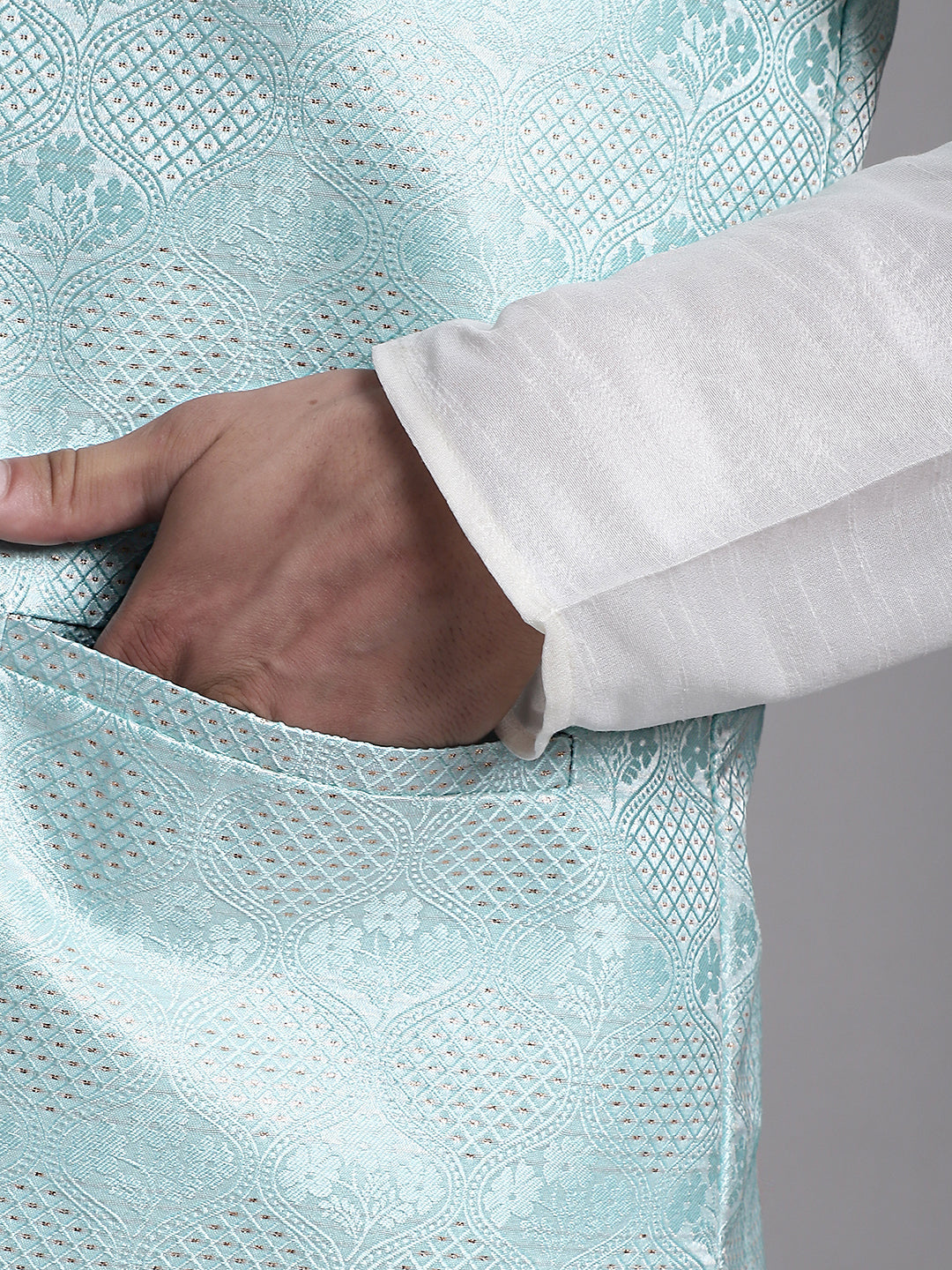 Jompers Men's Turquoise Blue Woven Design Nehru Jacket With Solid Kurta Pyjama | Grocsy