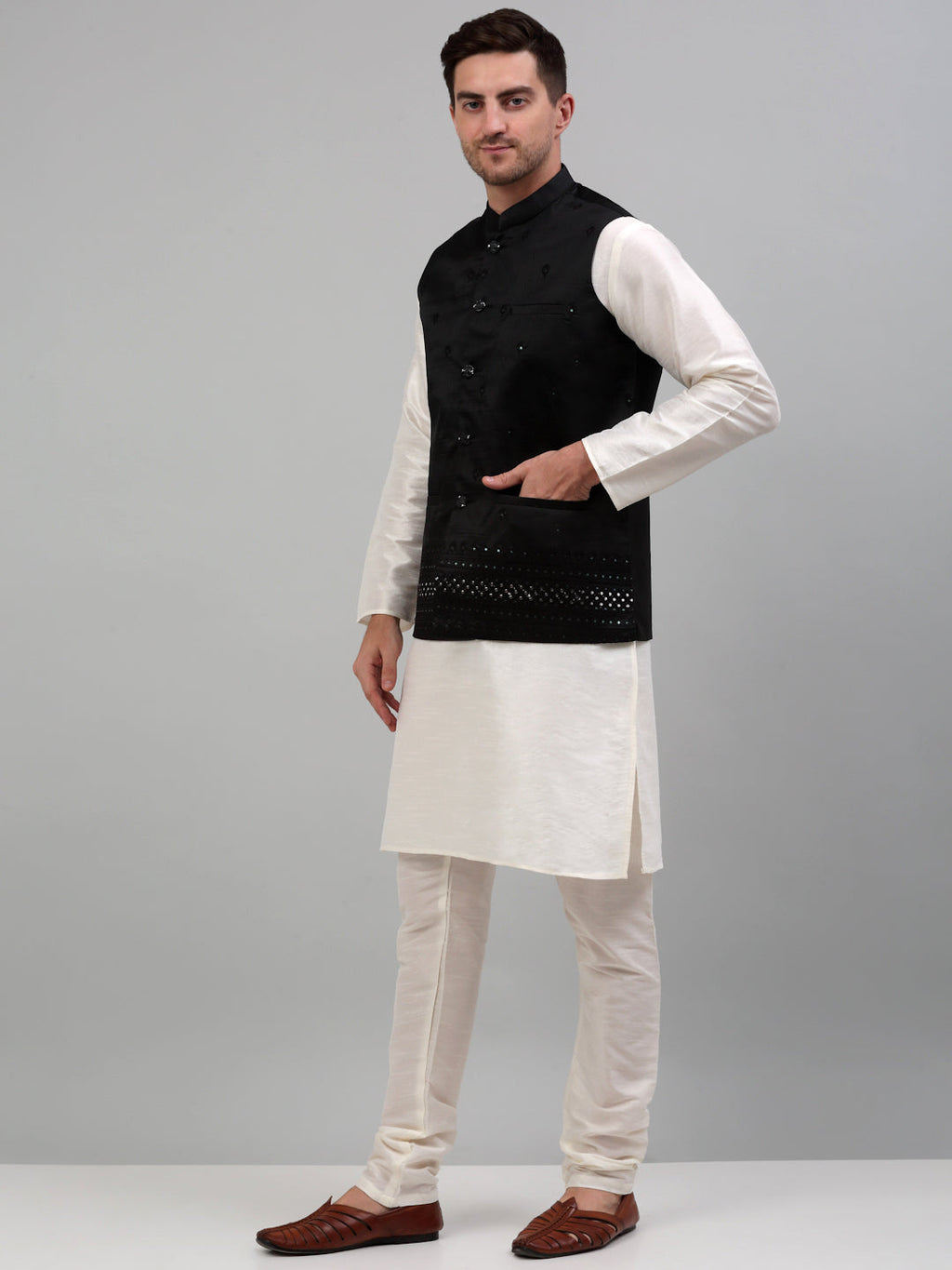 Jompers Men's Embroidered Nehru Jacket With Solid Kurta Pyjama Set - Black | Grocsy