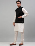 Jompers Men's Embroidered Nehru Jacket With Solid Kurta Pyjama Set - Black | Grocsy