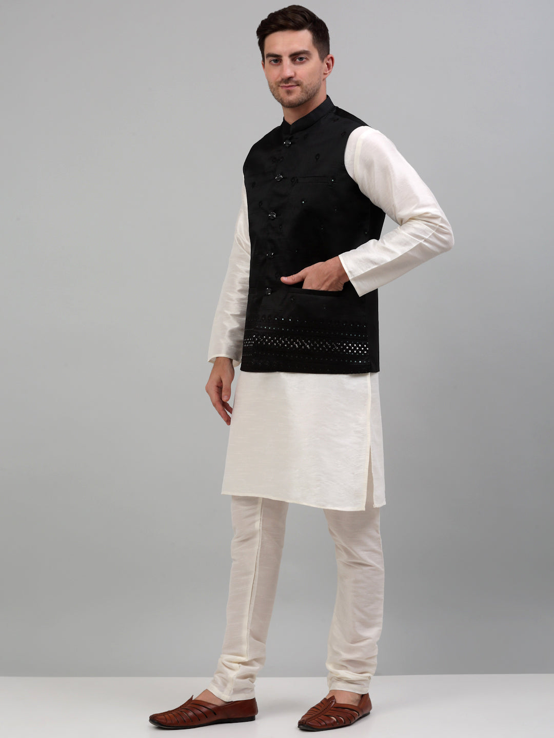 Jompers Men's Embroidered Nehru Jacket With Solid Kurta Pyjama Set - Black | Grocsy