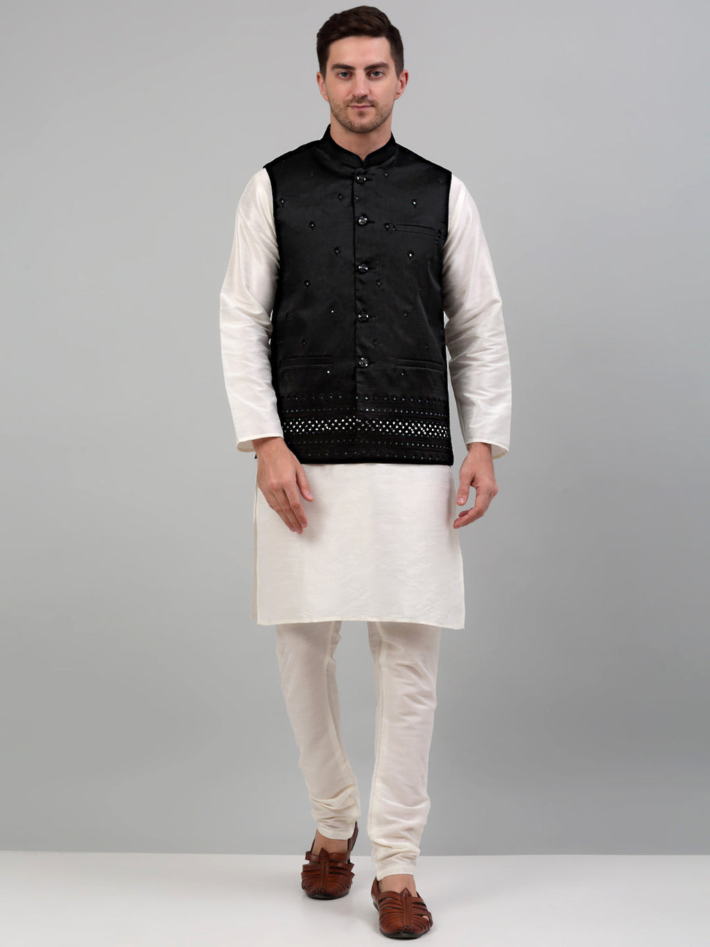 Jompers Men's Embroidered Nehru Jacket With Solid Kurta Pyjama Set - Black | Grocsy