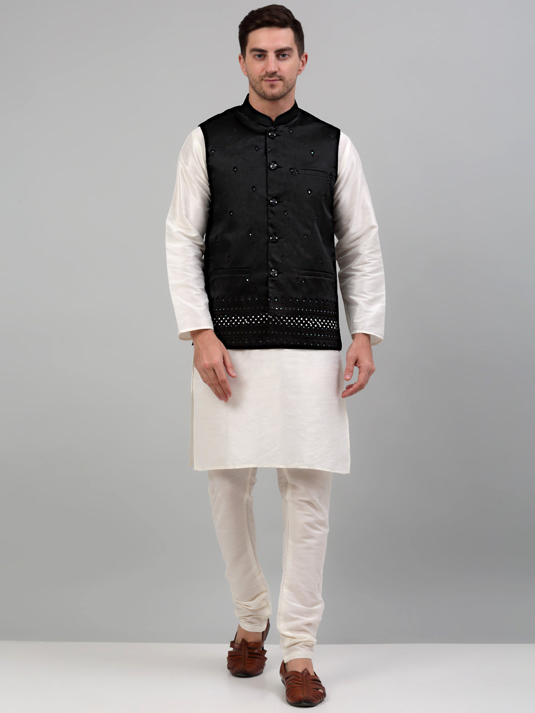 Jompers Men's Embroidered Nehru Jacket With Solid Kurta Pyjama Set - Black | Grocsy