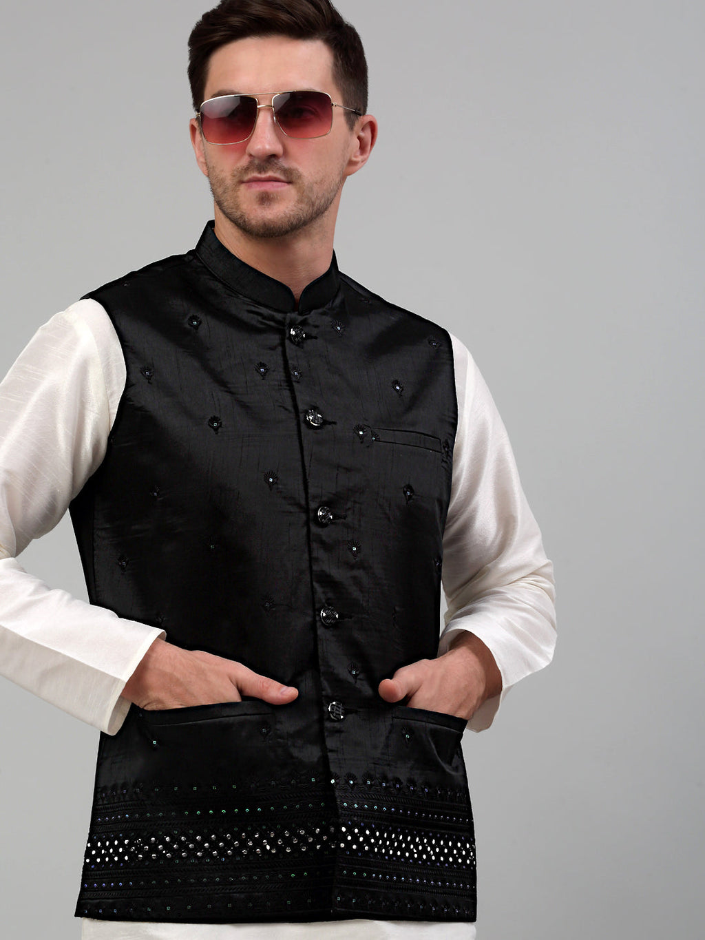 Jompers Men's Embroidered Nehru Jacket With Solid Kurta Pyjama Set - Black | Grocsy