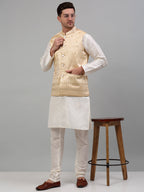 Jompers Men's Embroidered Nehru Jacket With Solid Kurta Pyjama Set - Golden | Grocsy