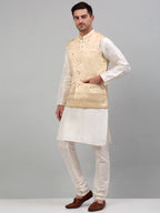 Jompers Men's Embroidered Nehru Jacket With Solid Kurta Pyjama Set - Golden | Grocsy