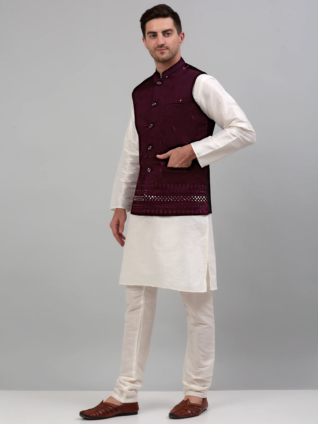 Jompers Men's Embroidered Nehru Jacket With Solid Kurta Pyjama Set - Purple | Grocsy