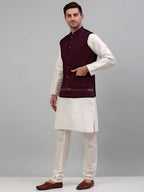 Jompers Men's Embroidered Nehru Jacket With Solid Kurta Pyjama Set - Purple | Grocsy