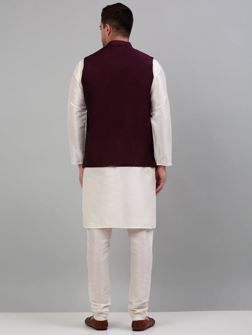 Jompers Men's Embroidered Nehru Jacket With Solid Kurta Pyjama Set - Purple | Grocsy