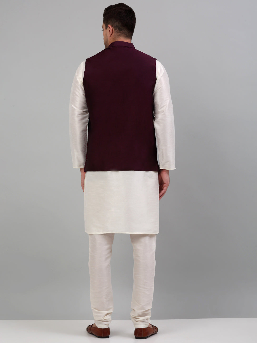 Jompers Men's Embroidered Nehru Jacket With Solid Kurta Pyjama Set - Purple | Grocsy