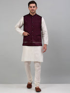 Jompers Men's Embroidered Nehru Jacket With Solid Kurta Pyjama Set - Purple | Grocsy