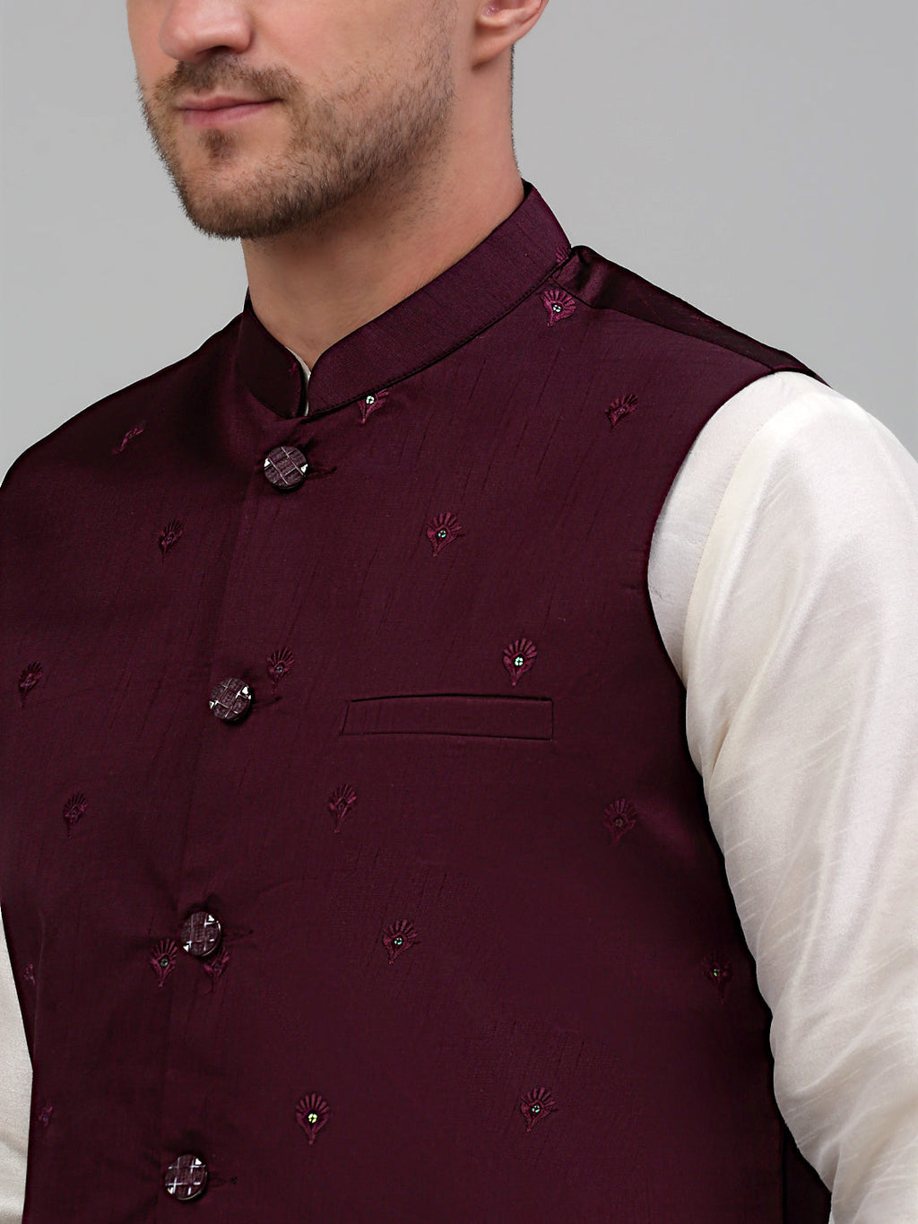 Jompers Men's Embroidered Nehru Jacket With Solid Kurta Pyjama Set - Purple | Grocsy