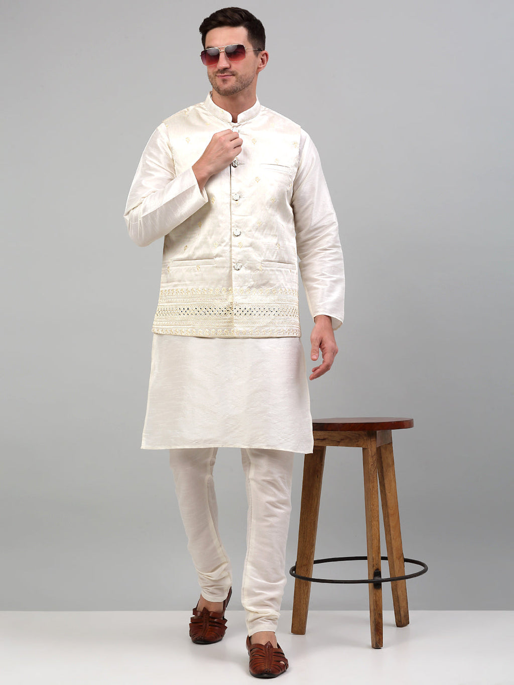 Jompers Men's Embroidered Nehru Jacket With Solid Kurta Pyjama Set - White | Grocsy