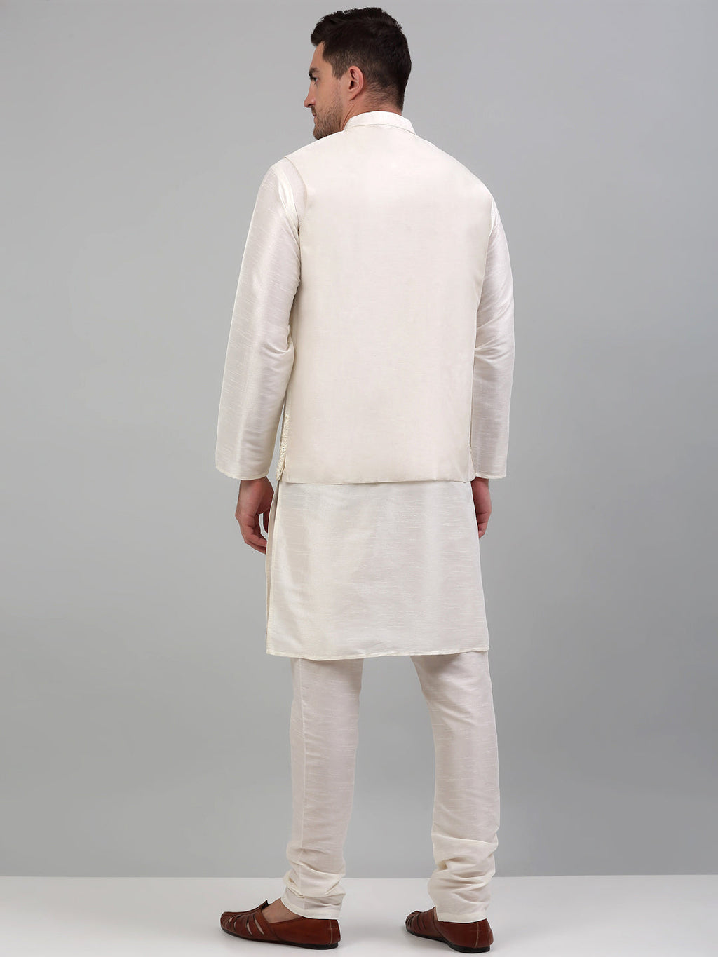 Jompers Men's Embroidered Nehru Jacket With Solid Kurta Pyjama Set - White | Grocsy