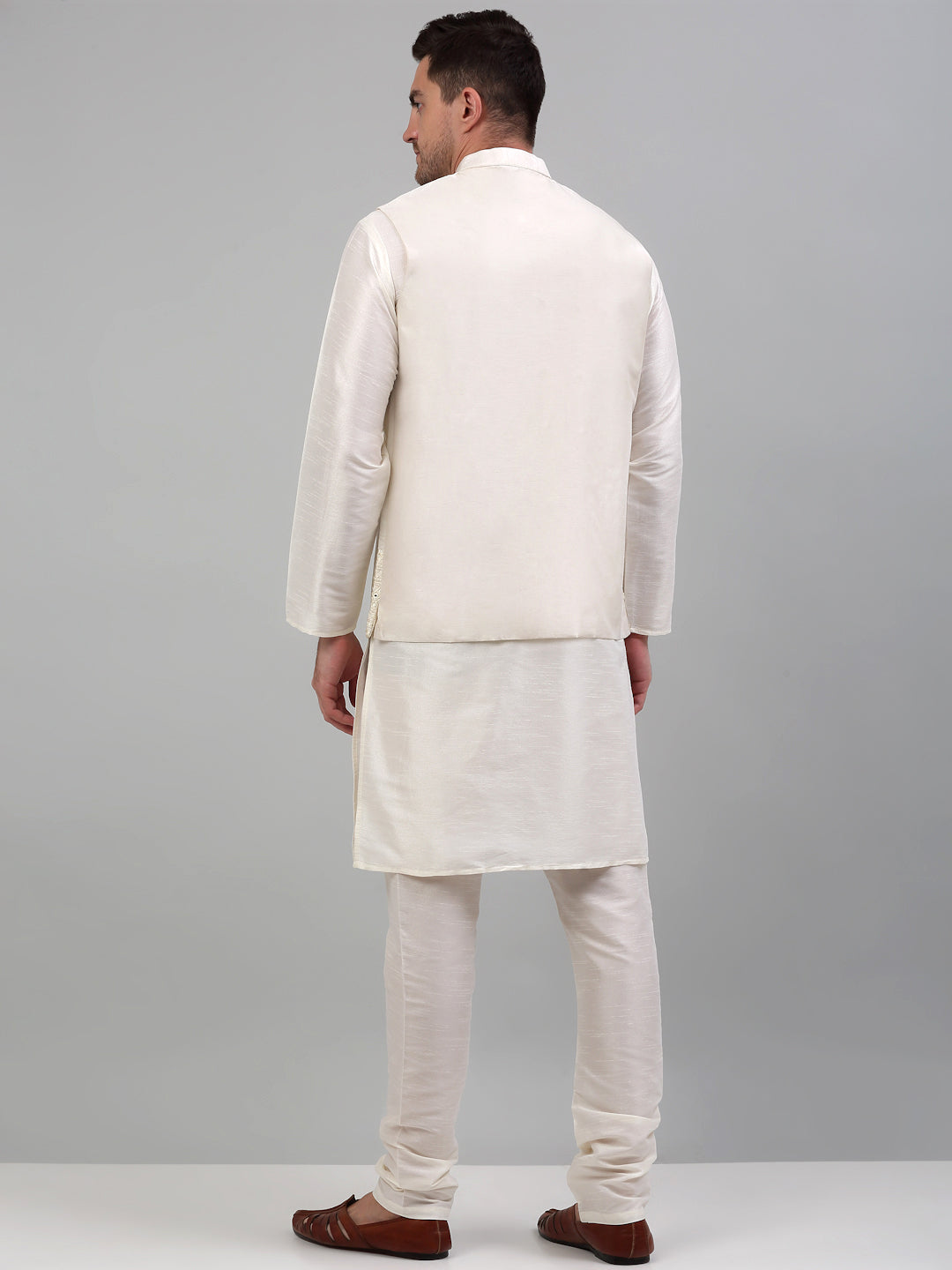 Jompers Men's Embroidered Nehru Jacket With Solid Kurta Pyjama Set - White | Grocsy