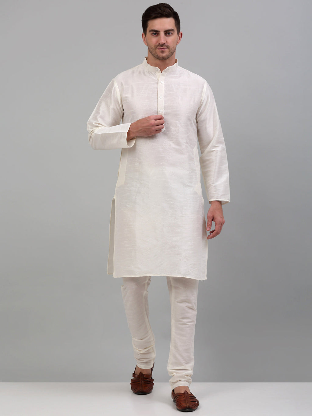 Jompers Men's Embroidered Nehru Jacket With Solid Kurta Pyjama Set - White | Grocsy
