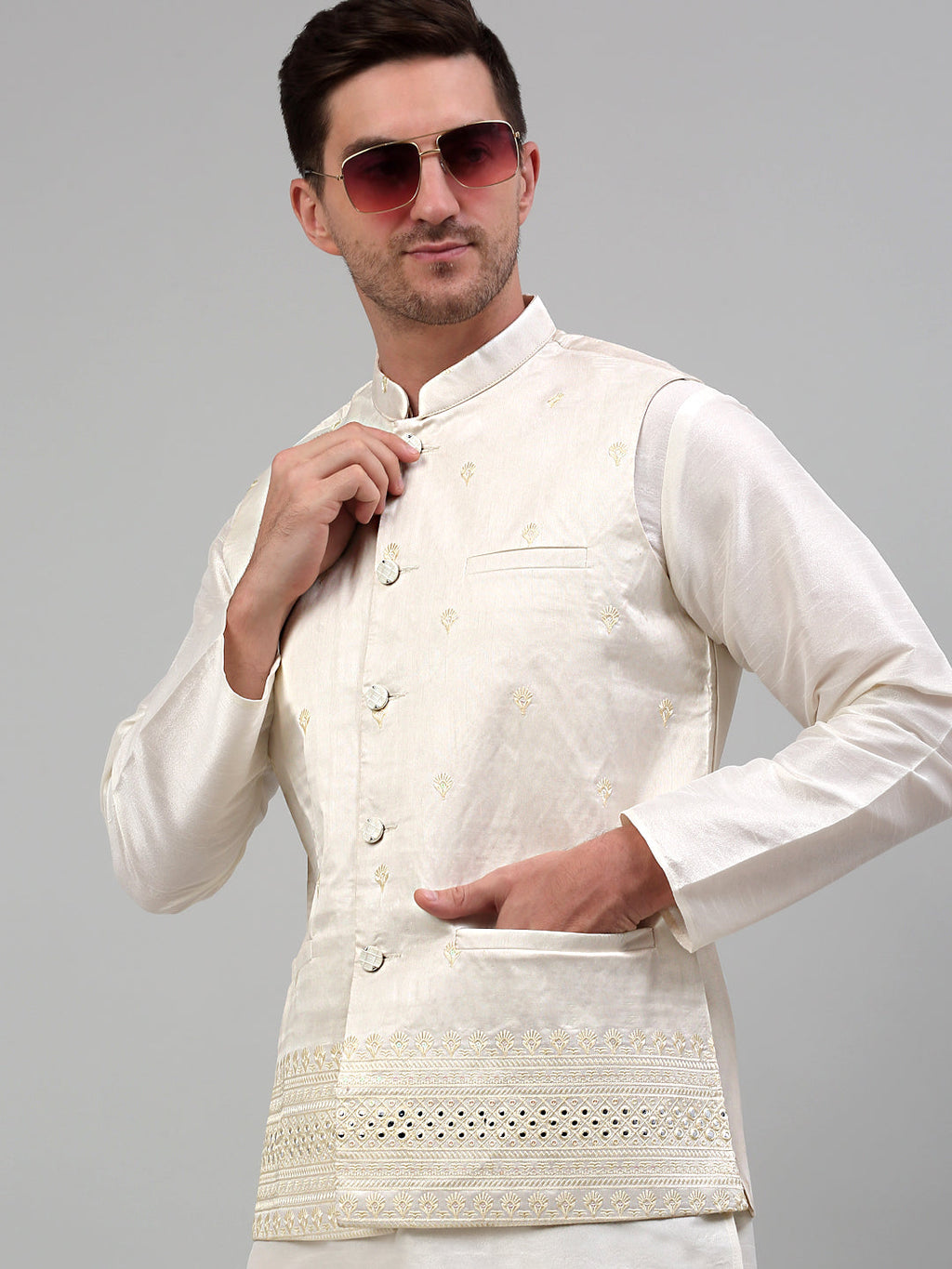 Jompers Men's Embroidered Nehru Jacket With Solid Kurta Pyjama Set - White | Grocsy