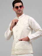 Jompers Men's Embroidered Nehru Jacket With Solid Kurta Pyjama Set - White | Grocsy