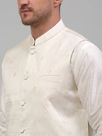 Jompers Men's Embroidered Nehru Jacket With Solid Kurta Pyjama Set - White | Grocsy
