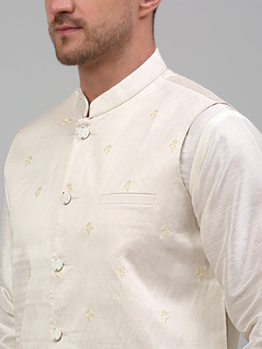 Jompers Men's Embroidered Nehru Jacket With Solid Kurta Pyjama Set - White | Grocsy